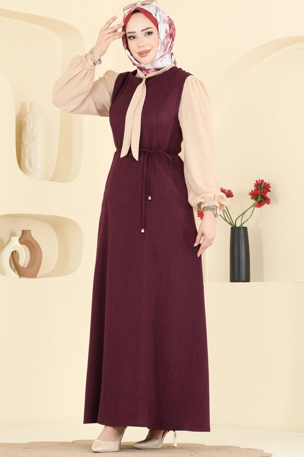 Burgundy Drawstring Maxi Dress & Cream Chiffon Sleeve Set