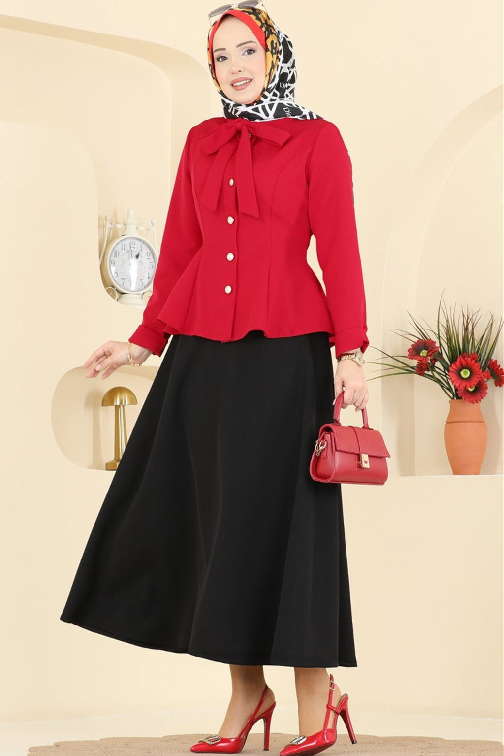 Red Bow-Tie Peplum Jacket & Black Flared Midi Skirt Set