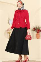 Red Bow-Tie Peplum Jacket & Black Flared Midi Skirt Set