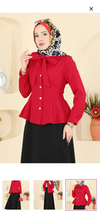Red Bow-Tie Peplum Jacket & Black Flared Midi Skirt Set