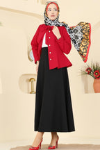 Red Bow-Tie Peplum Jacket & Black Flared Midi Skirt Set