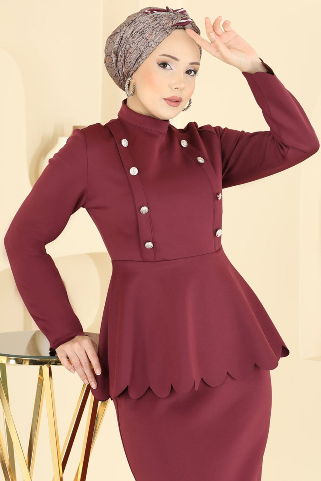 Burgundy Peplum Top & Midi Skirt Set