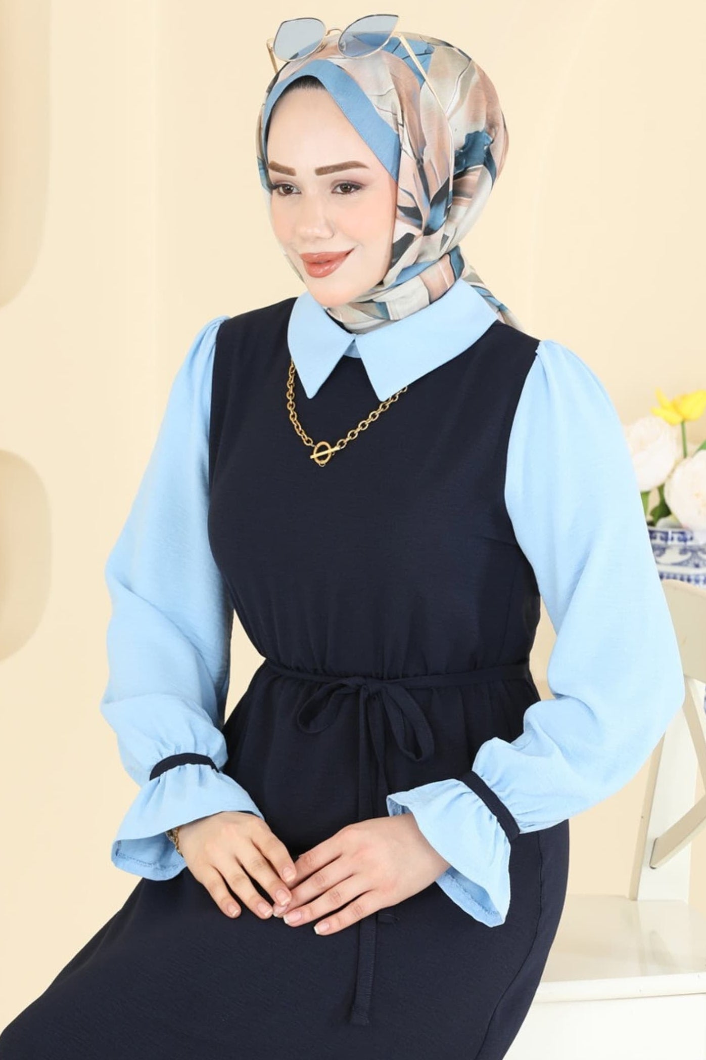 Navy Pinafore Maxi Dress & Sky Blue Shirt Set