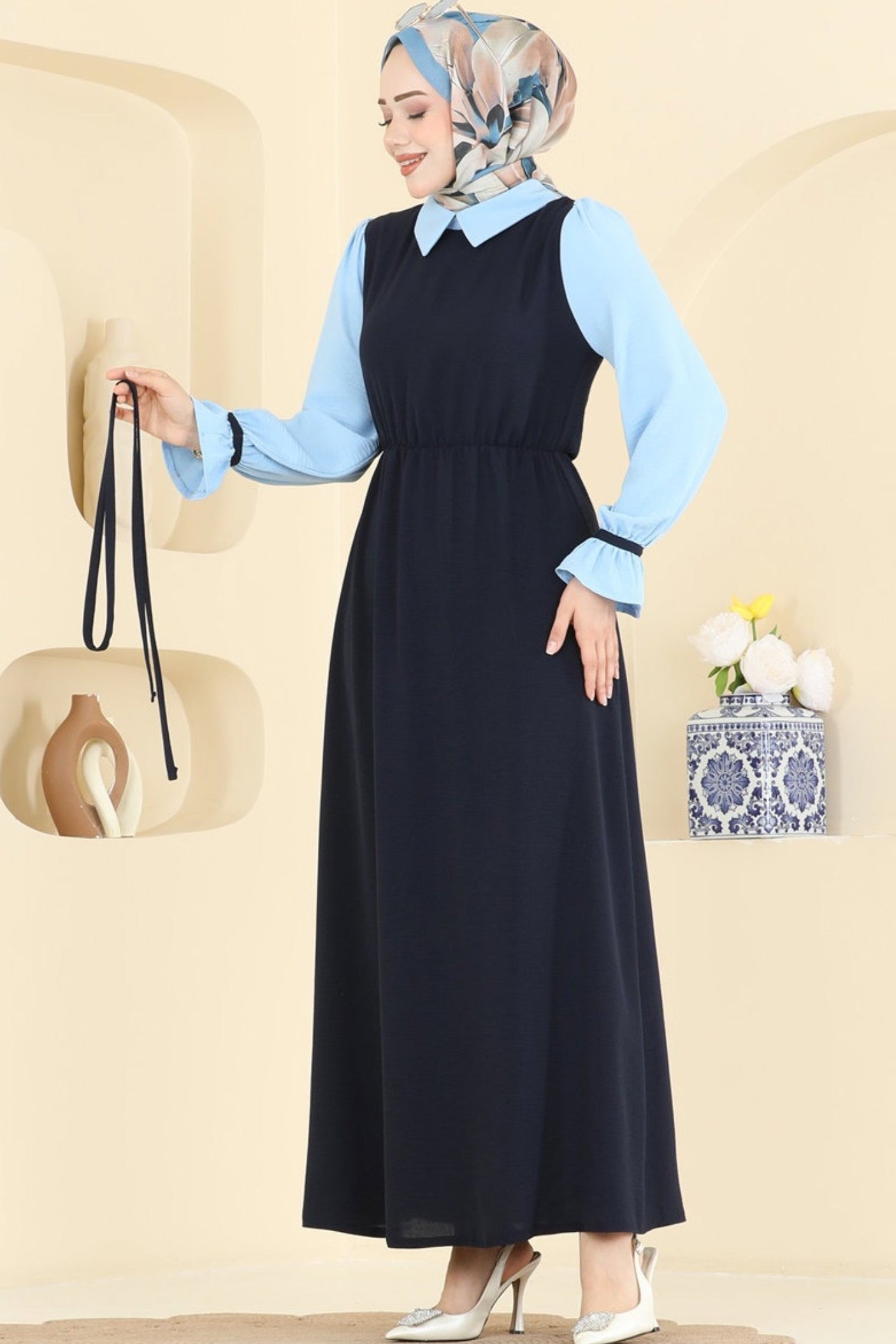 Navy Pinafore Maxi Dress & Sky Blue Shirt Set