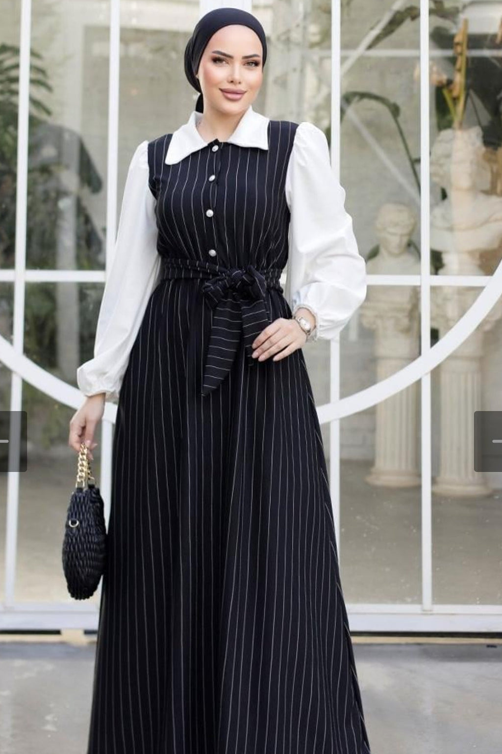 Black Pinstripe Belted Pinafore Dress & White Shirt Set