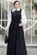 Black Pinstripe Belted Pinafore Dress & White Shirt Set