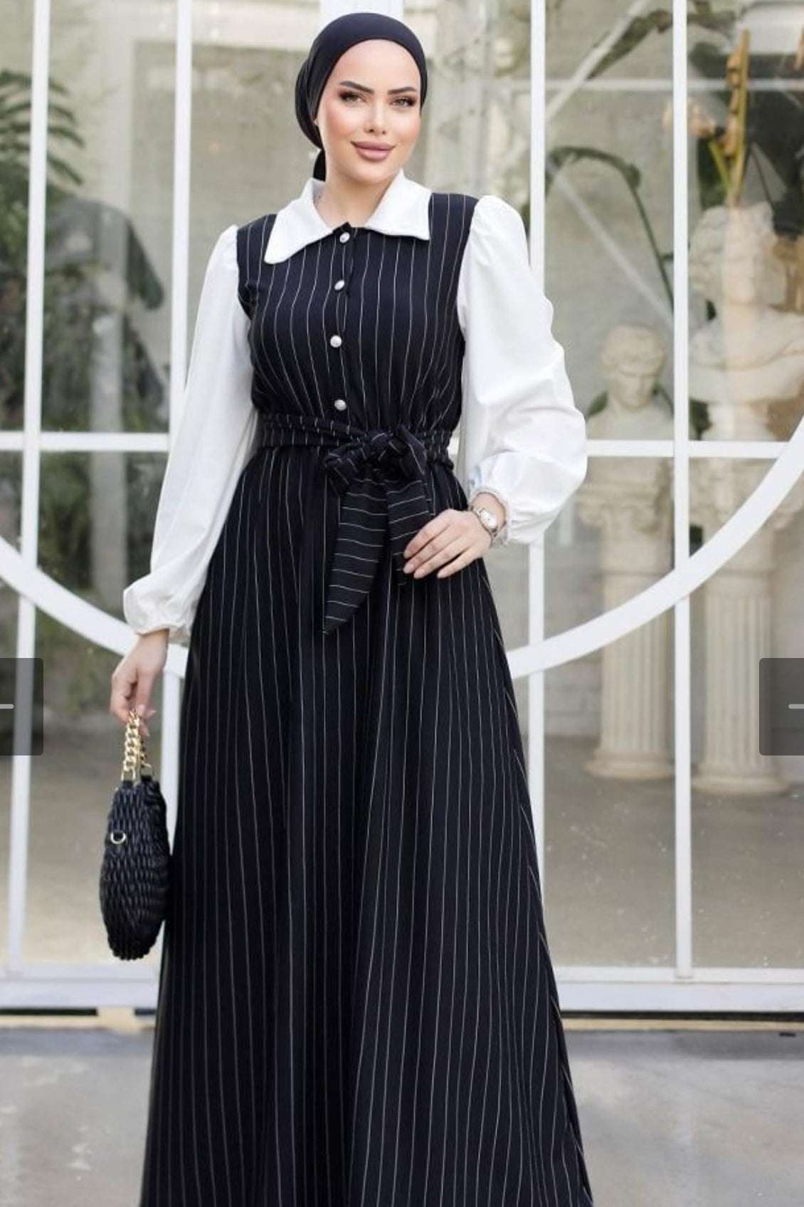 Black Pinstripe Belted Pinafore Dress & White Shirt Set