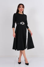 Black V-Neck Belted Midi Dress