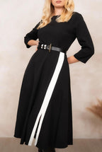 Black V-Neck Belted Midi Dress