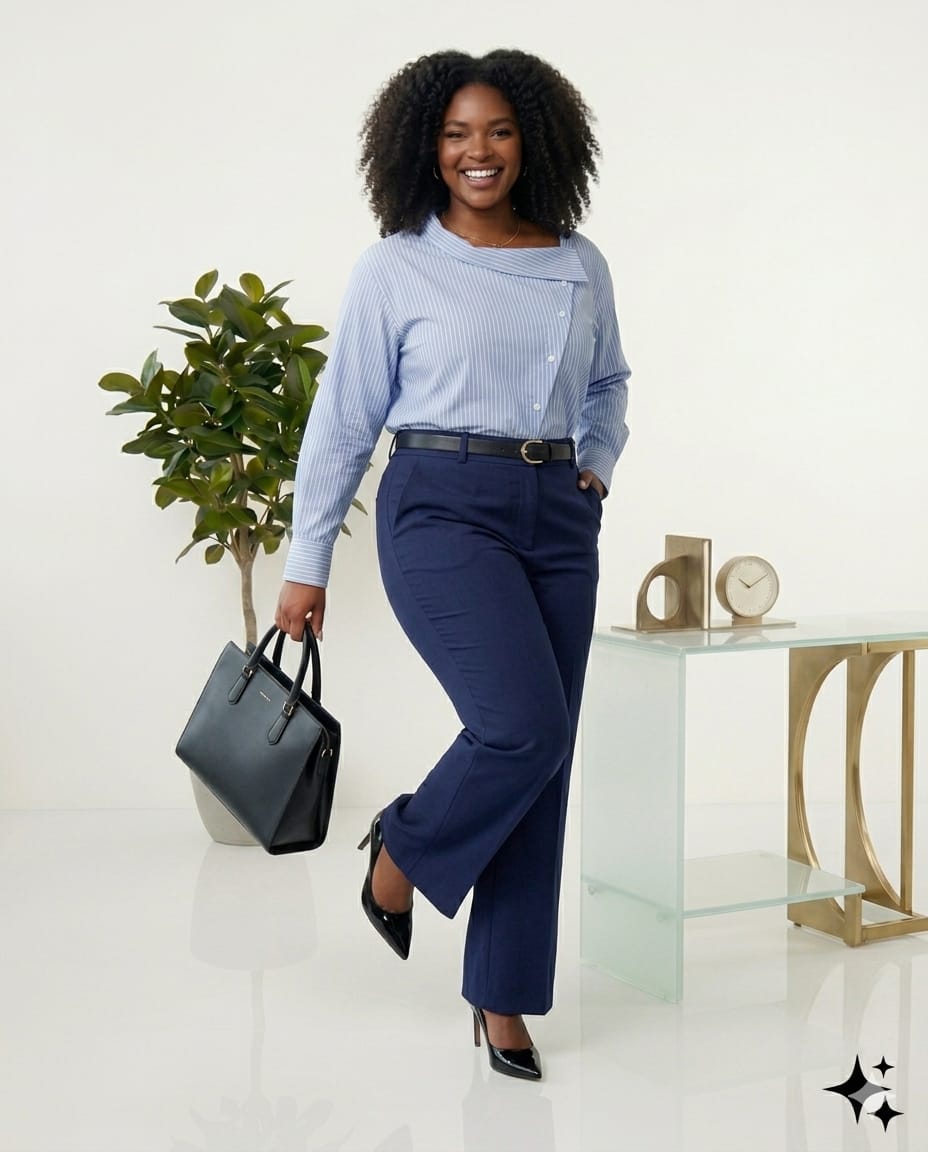 Blue Striped Asymmetric Shirt & Navy Wide-Leg Trousers