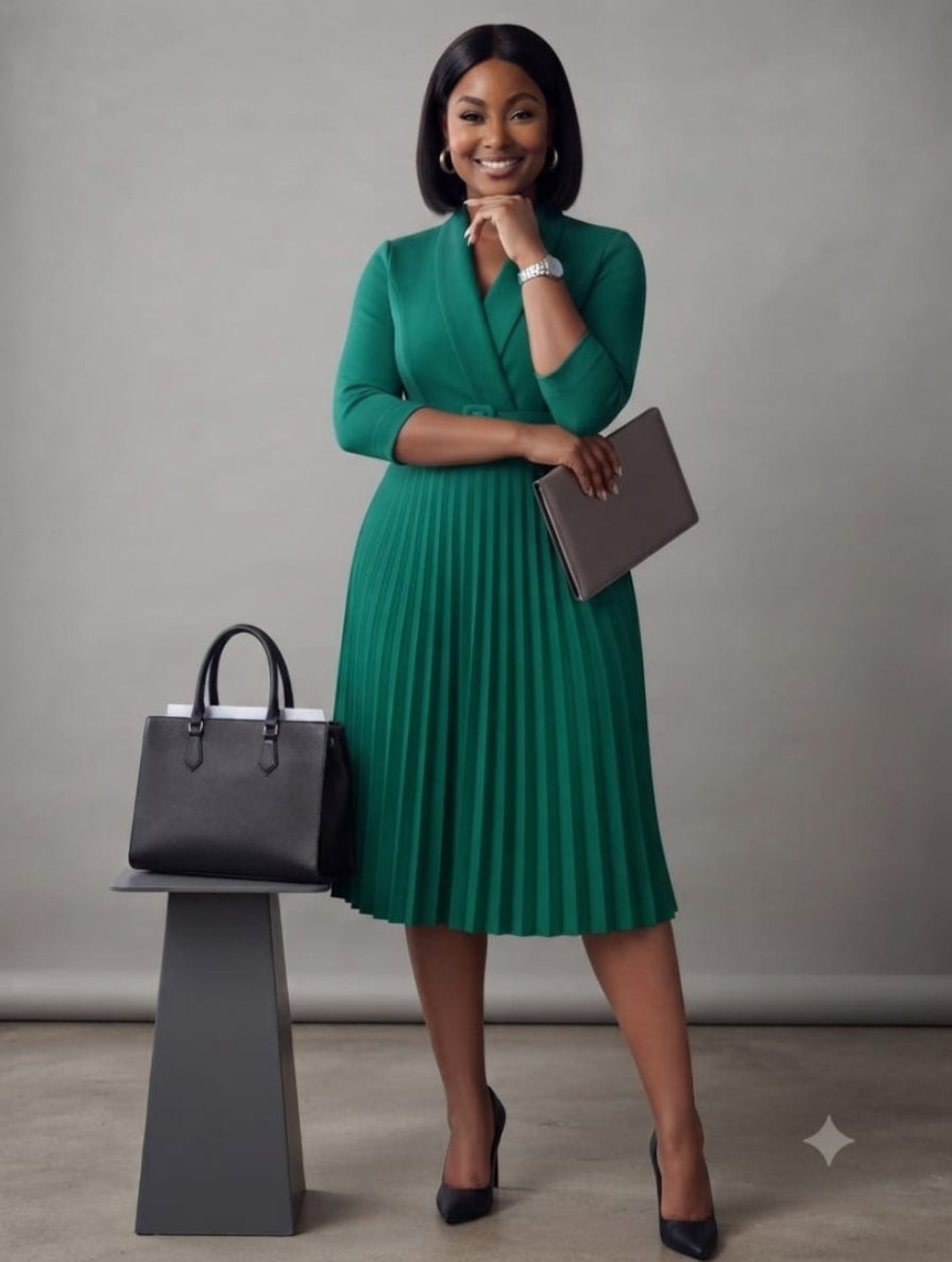 Emerald Green Belted Pleated Wrap Dress
