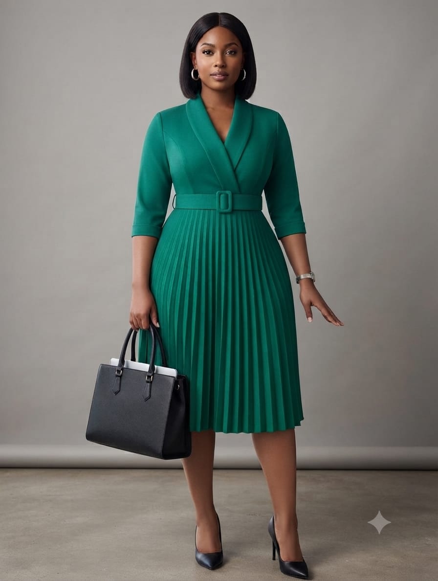 Emerald Green Belted Pleated Wrap Dress