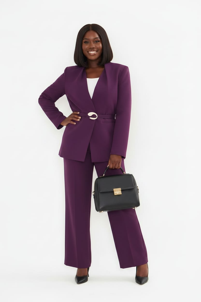 Plus Size Plum Collar Trimmed Suit With Belt
