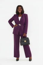 Plus Size Plum Collar Trimmed Suit With Belt