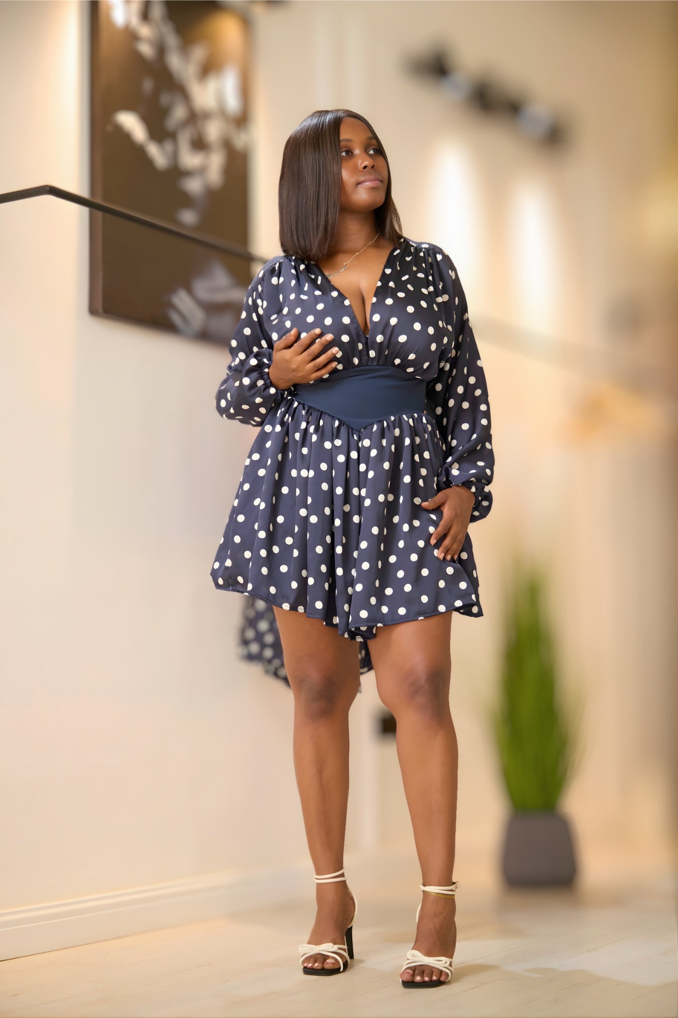 Corseted Navy Polka Dot Mini Dress