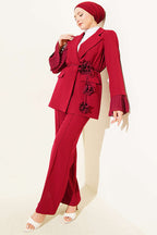 Crimson Floral Brooch Blazer & Trouser Set