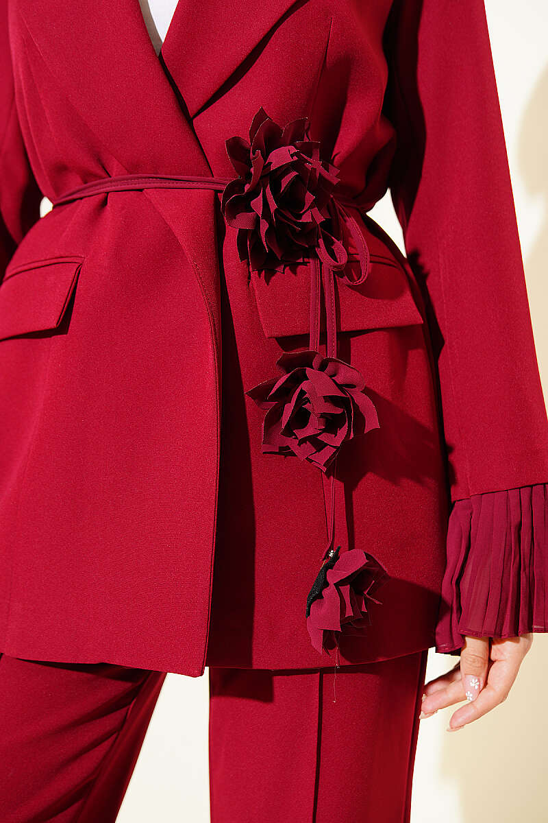 Crimson Floral Brooch Blazer & Trouser Set