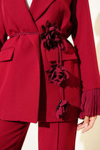 Crimson Floral Brooch Blazer & Trouser Set