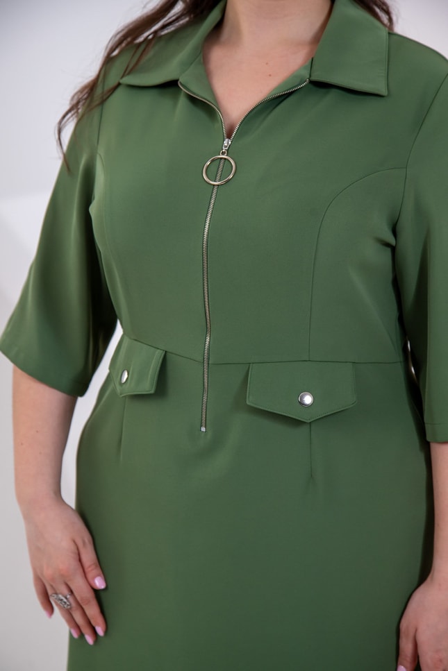 Olive Green Zip-Front Shirt Dress