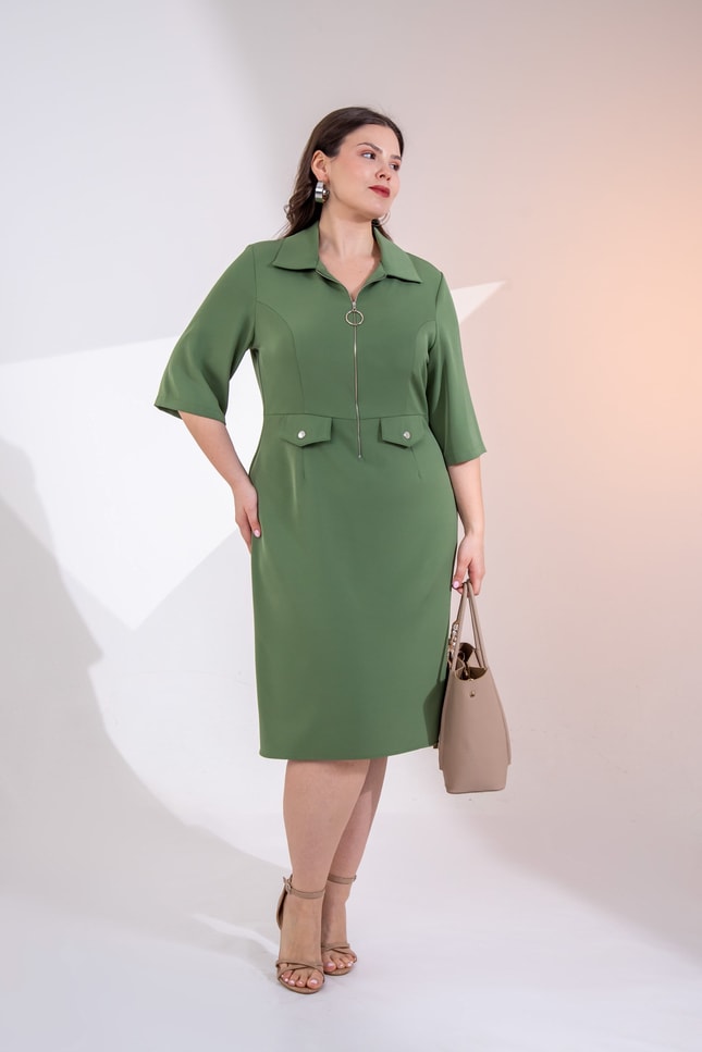 Olive Green Zip-Front Shirt Dress