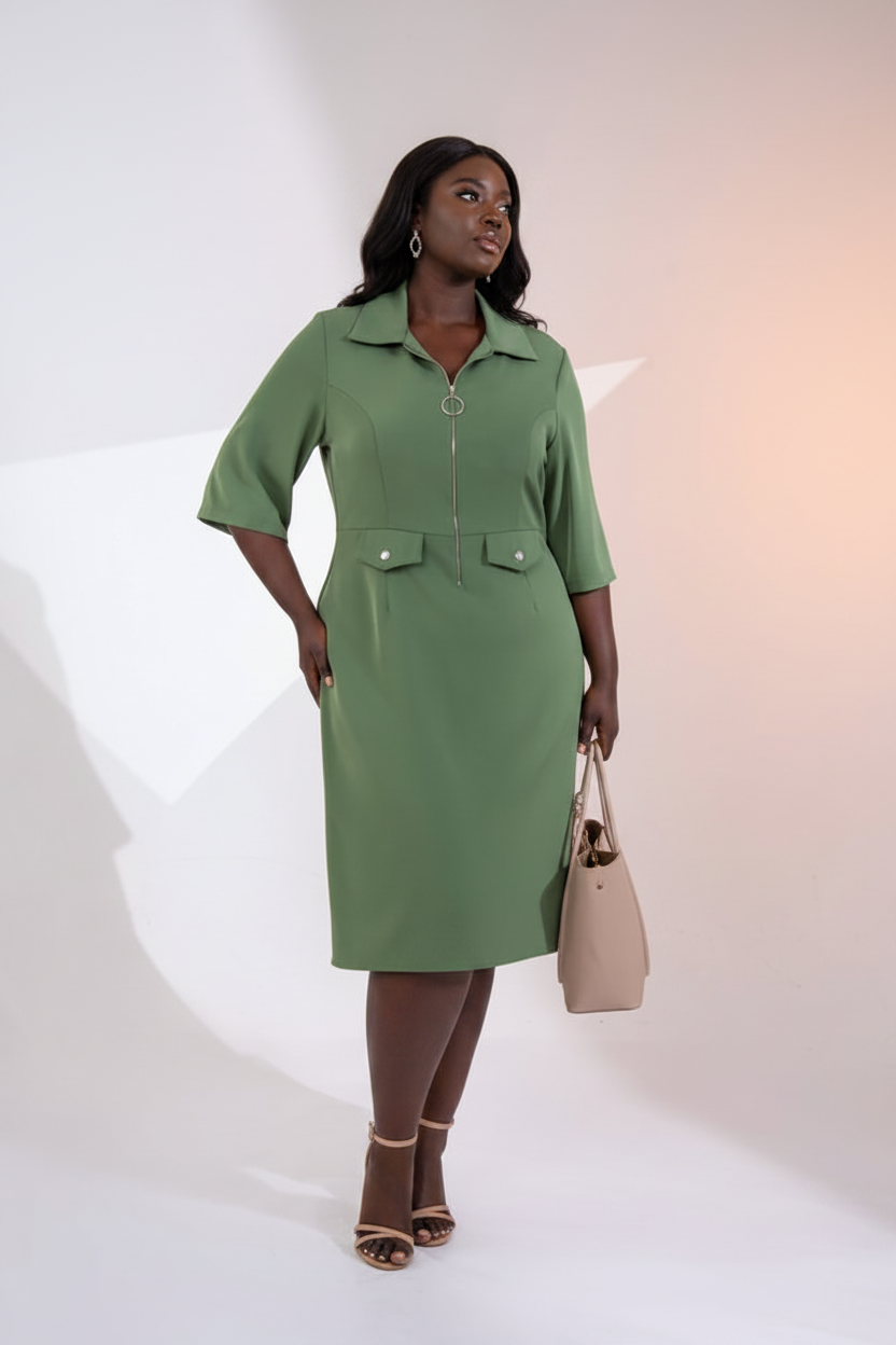 Olive Green Zip-Front Shirt Dress