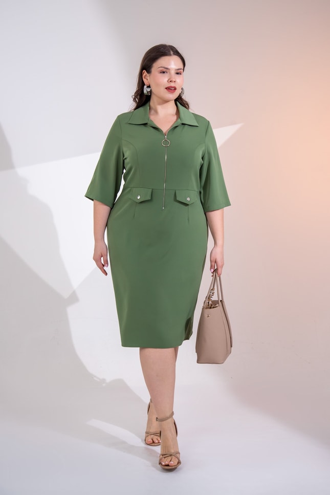 Olive Green Zip-Front Shirt Dress