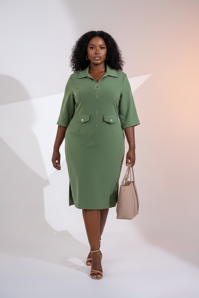 Olive Green Zip-Front Shirt Dress