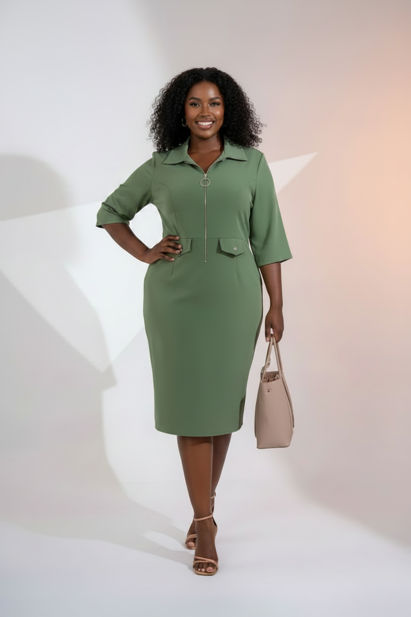 Olive Green Zip-Front Shirt Dress