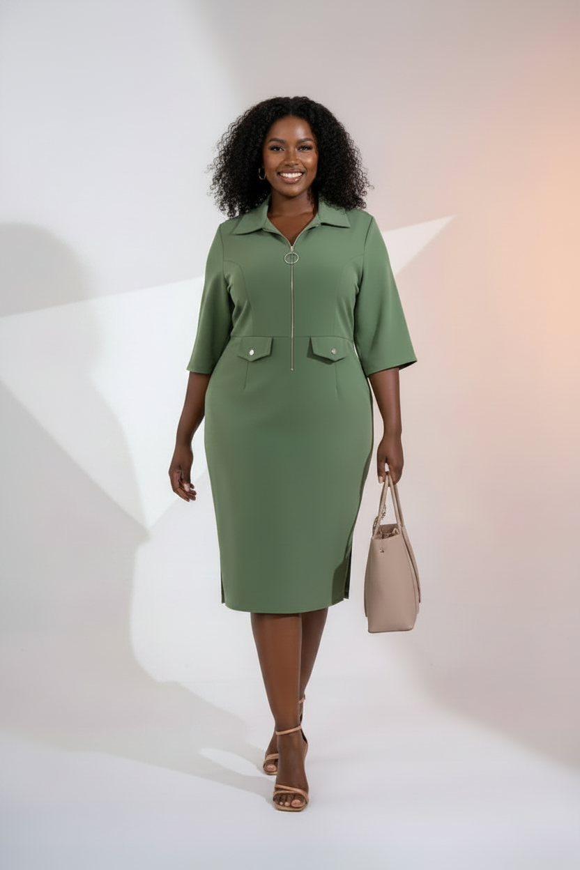 Olive Green Zip-Front Shirt Dress