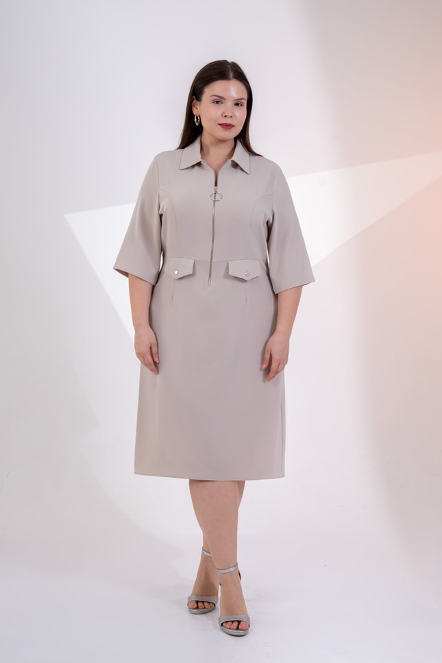 Beige Zip-Front Shirt Dress