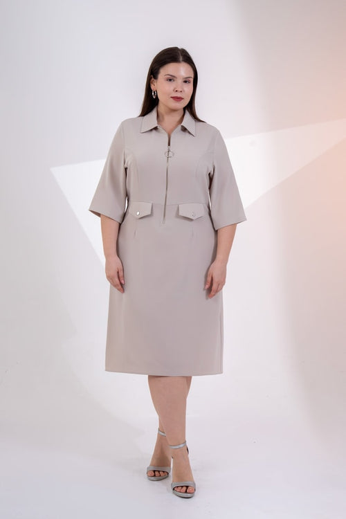 Beige Zip-Front Shirt Dress