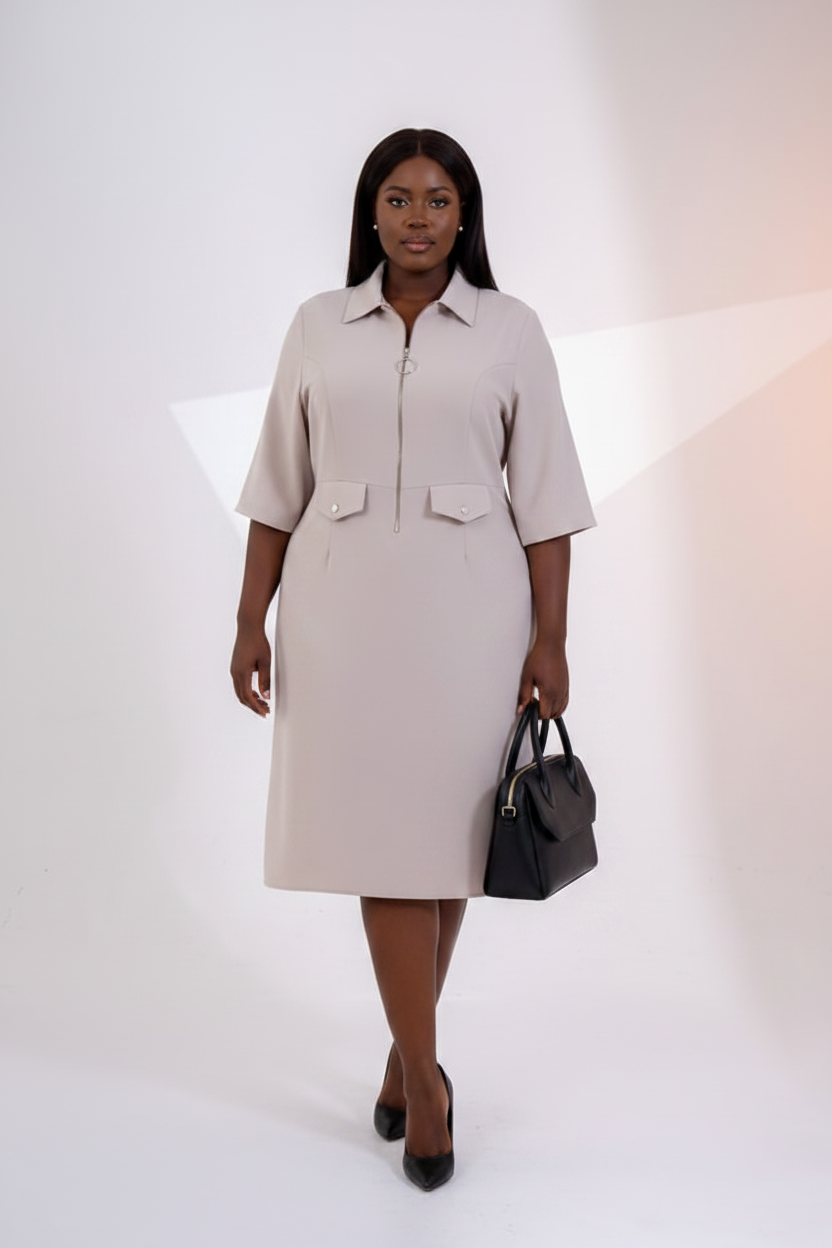 Beige Zip-Front Shirt Dress