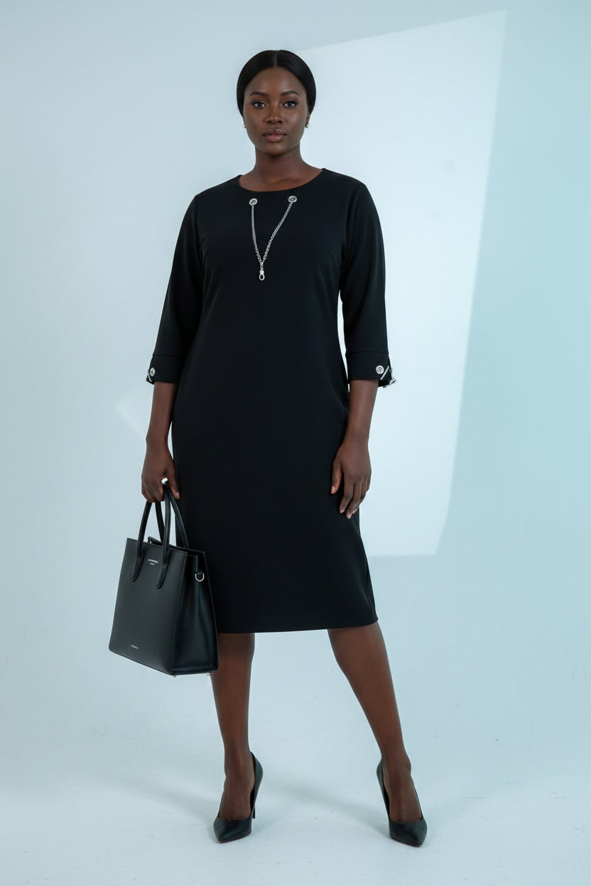 Chain-Detail Black Midi Dress