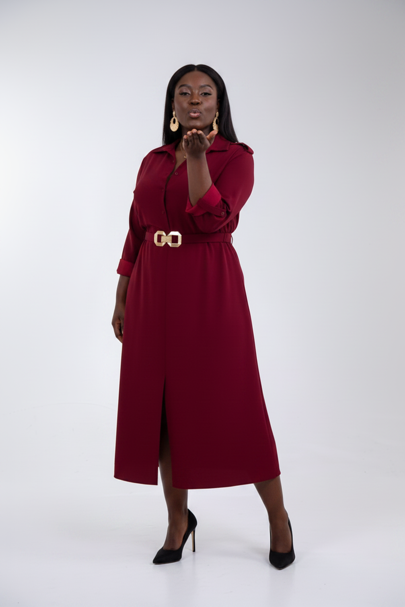Burgundy Belted Shirt Dress