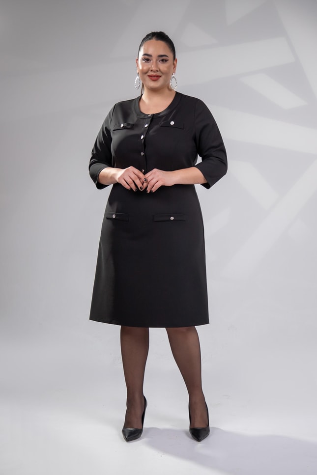 Black Button-Detail A-Line Dress