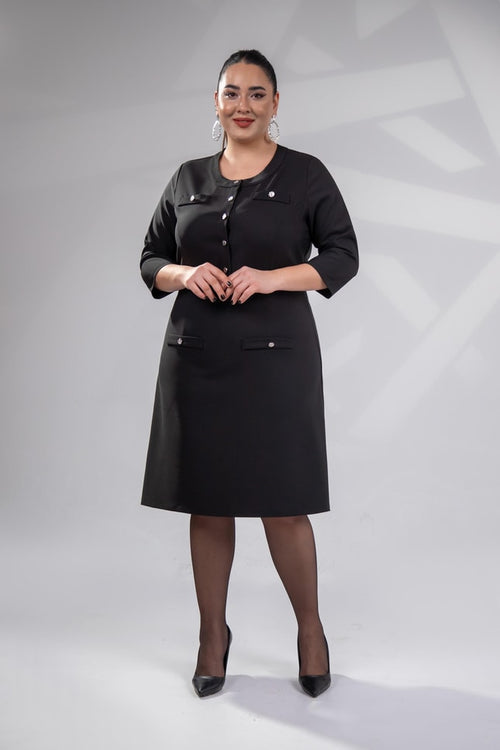 Black Button-Detail A-Line Dress
