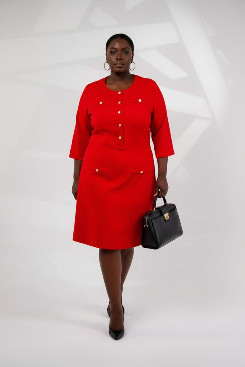 Red Gold-Button Midi Dress
