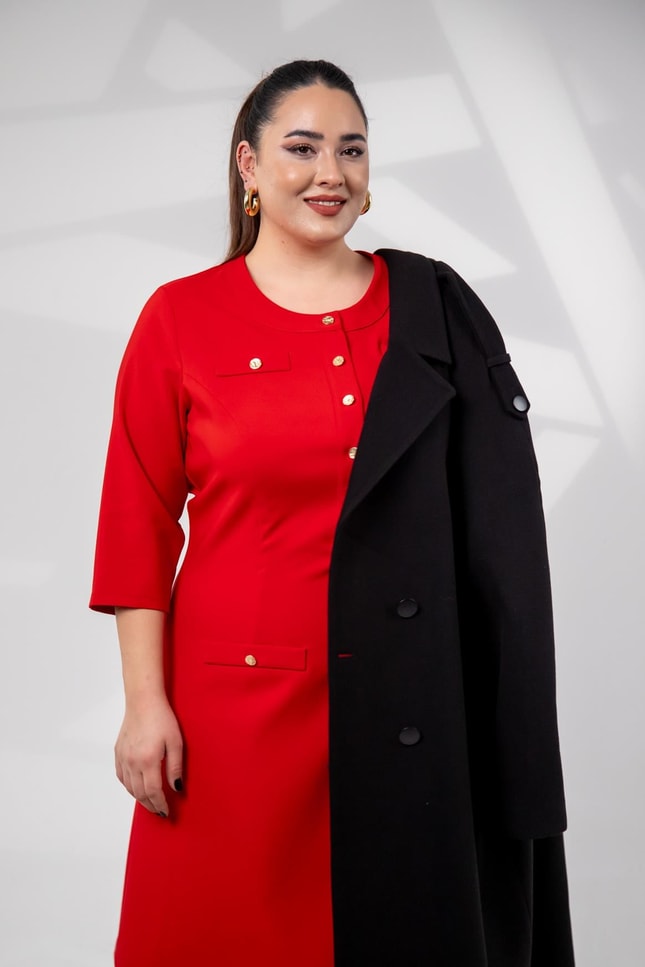 Red Gold-Button Midi Dress