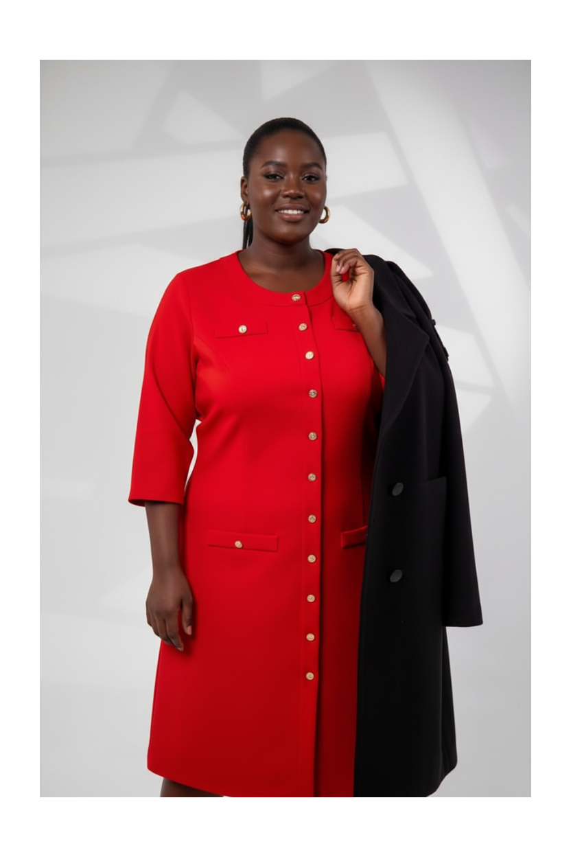 Red Gold-Button Midi Dress
