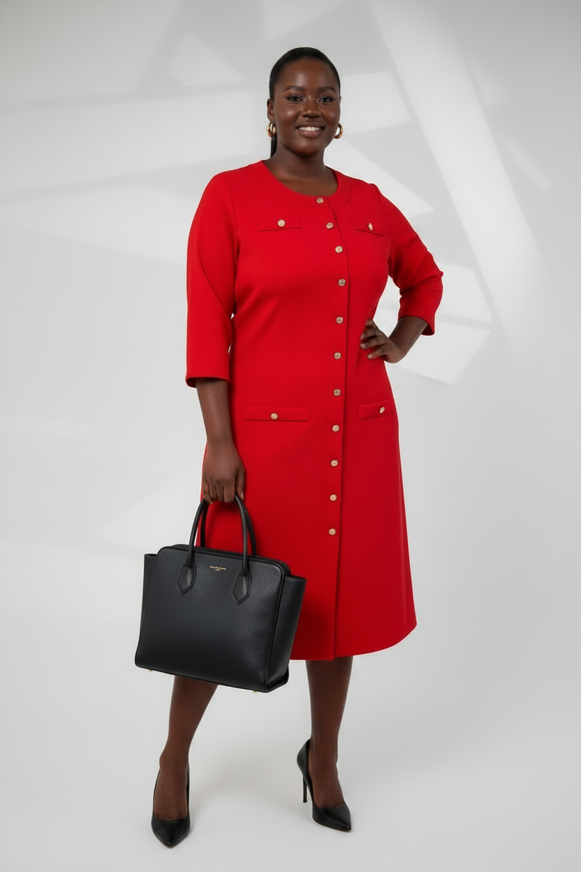 Red Gold-Button Midi Dress