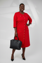 Red Gold-Button Midi Dress