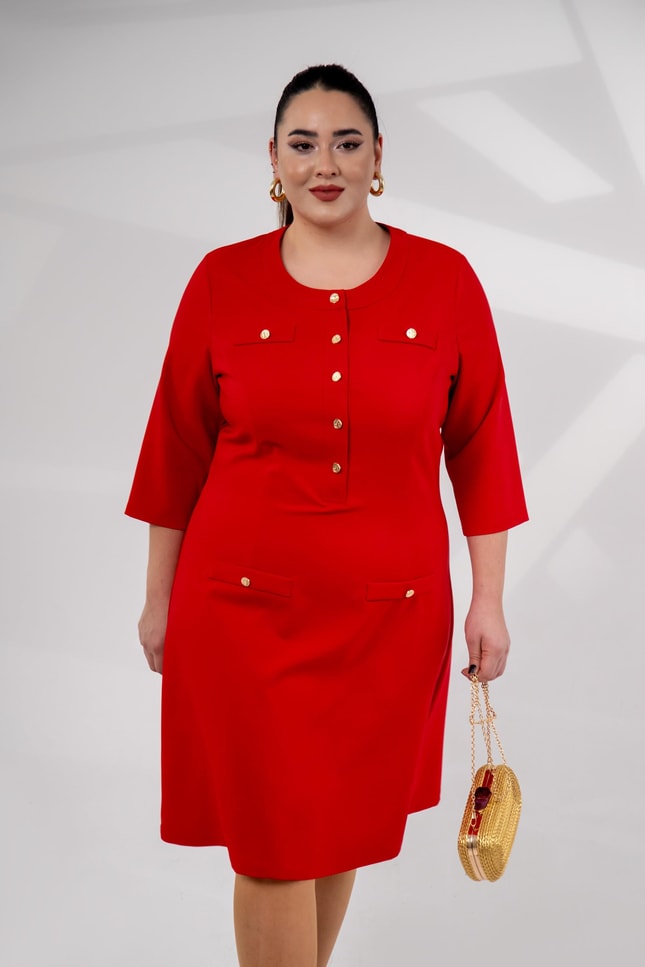 Red Gold-Button Midi Dress