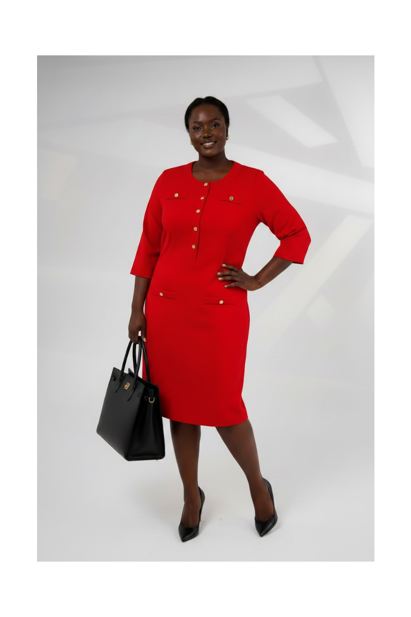 Red Gold-Button Midi Dress