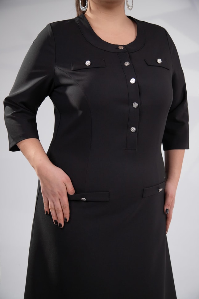 Black Button-Detail A-Line Dress