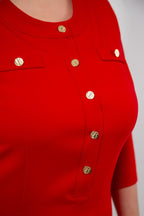 Red Gold-Button Midi Dress
