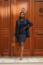 Navy Pinstripe Blazer & Ruched Midi Dress Set