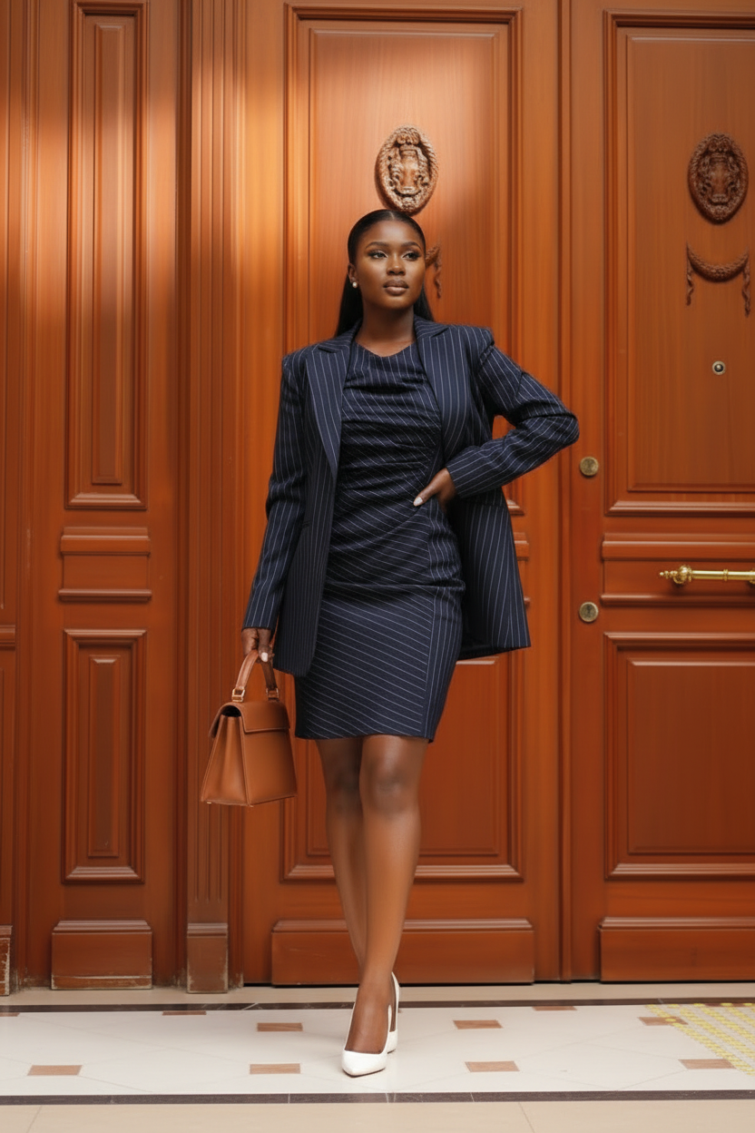 Navy Pinstripe Blazer & Ruched Midi Dress Set
