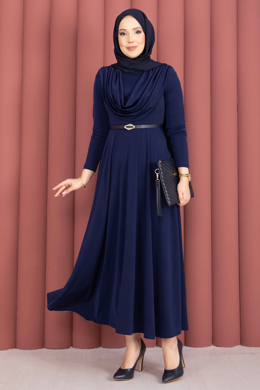 Navy Draped Cowl-Neck Belted Maxi Dress