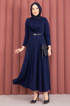 Navy Draped Cowl-Neck Belted Maxi Dress