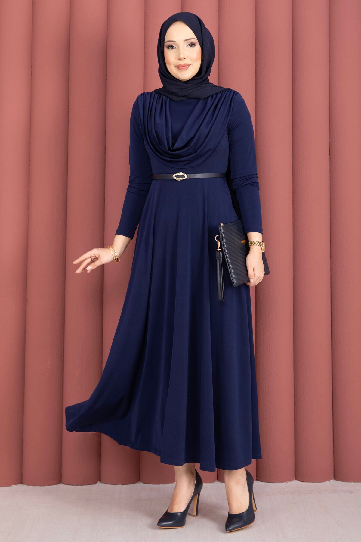 Navy Draped Cowl-Neck Belted Maxi Dress
